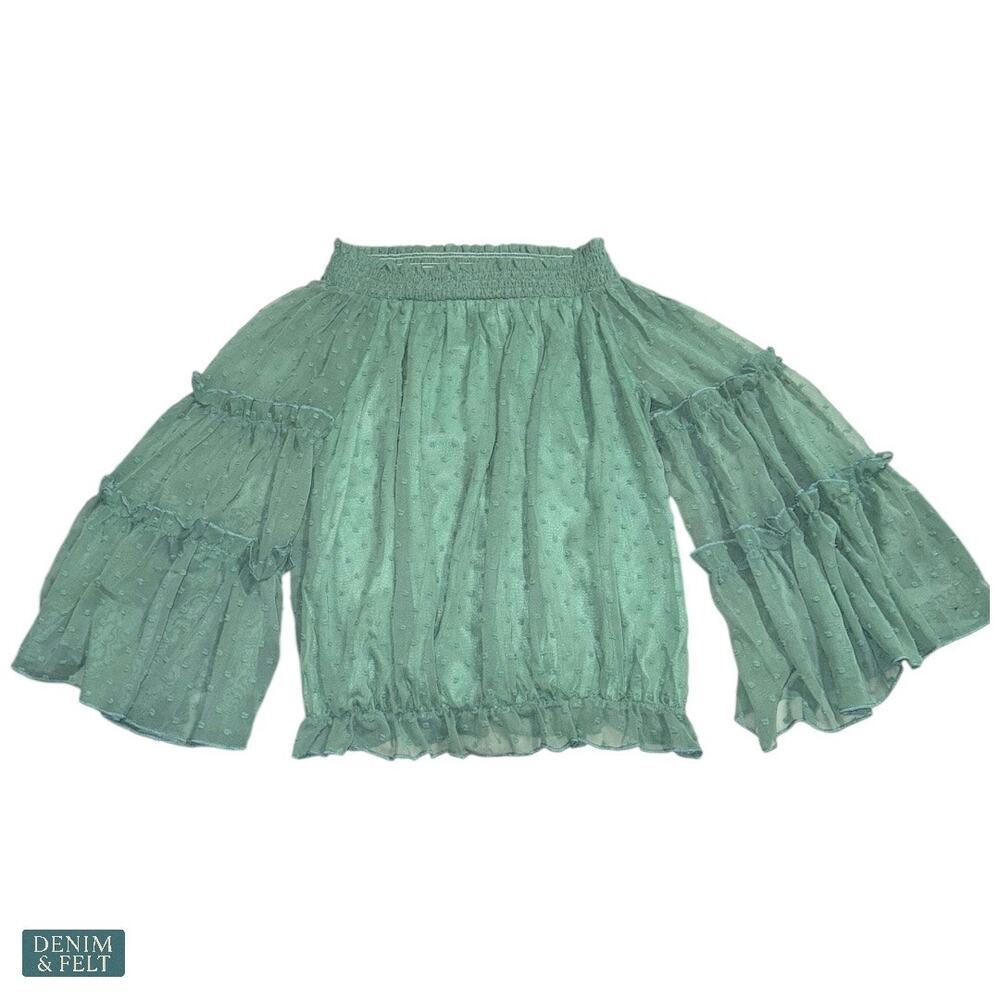 NEW Ninexis Sage Green Swiss Dot Off Shoulder Smocked Sleeve Summer Top Small - Picture 8 of 15